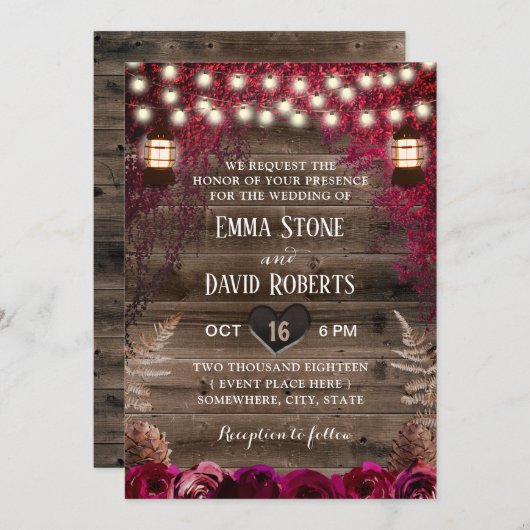 Rustikale Hochzeit im Herbst Lantern Burgund Rote Einladung (Vorne/Hinten)