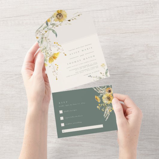 Rustikale Hochzeit im Herbst, Sonnenblume All In One Einladung (Abreißen)