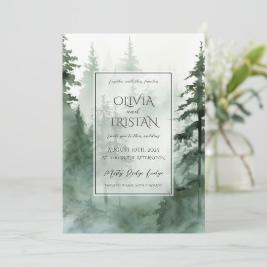 Rustikale Hochzeit im Wasserfarbenwald Einladung (Stehend Vorderseite)