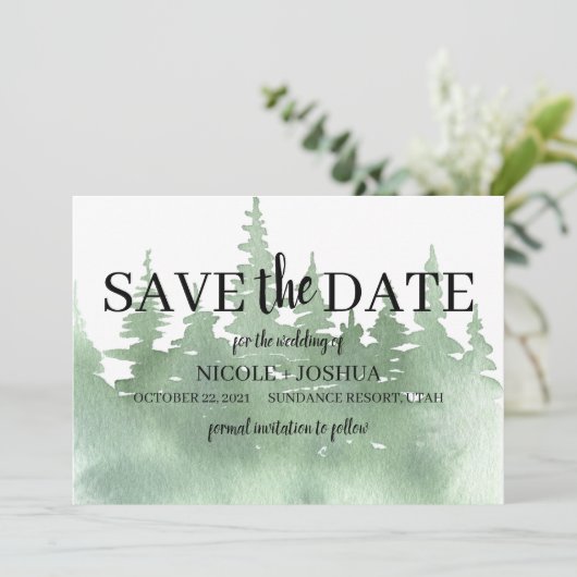 Rustikale Hochzeit im Wasserfarbenwald rettet das  Save The Date (Stehend Vorderseite)