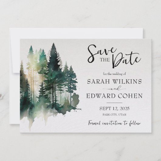 Rustikale Hochzeit im Wasserfarbenwald rettet das Save The Date (Vorderseite)