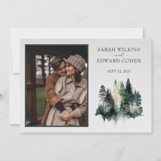 Rustikale Hochzeit im Wasserfarbenwald rettet das Save The Date (Rückseite)