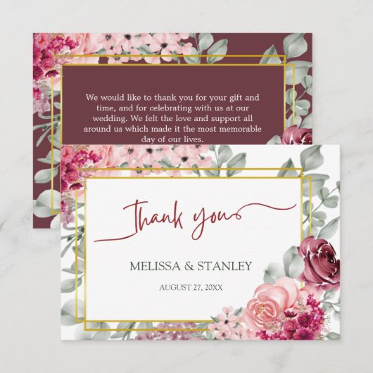 Rustikale Hochzeit in Burgund Marsala und Rosa Dankeskarte (Vorne/Hinten)