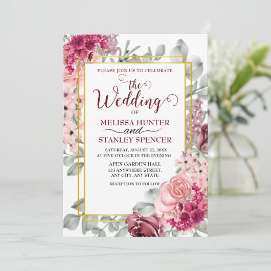 Rustikale Hochzeit in Burgund Marsala und Rosa Einladung (Stehend Vorderseite)