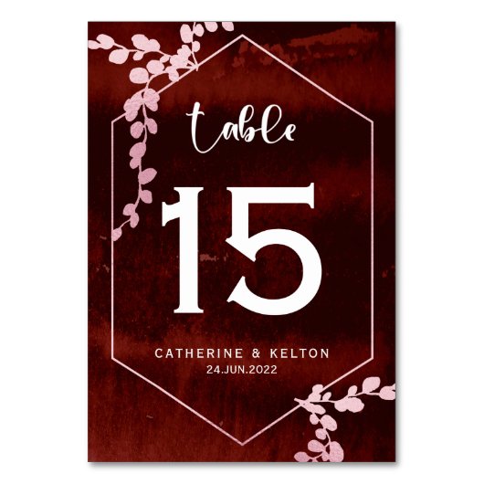 Rustikale Hochzeit in Burgund, rosa, geometrische  Tischnummer (Vorderseite)