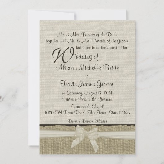 Rustikale Hochzeit in Burlap und Bows Einladung (Vorderseite)