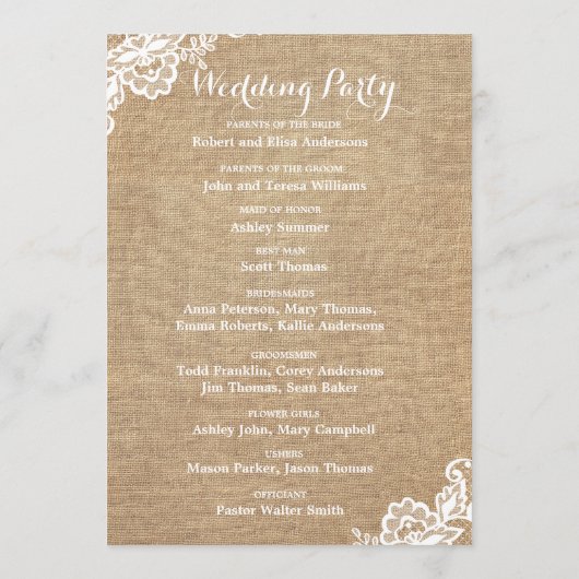 Rustikale Hochzeit in Burlap und Lace Programm (Rückseite)