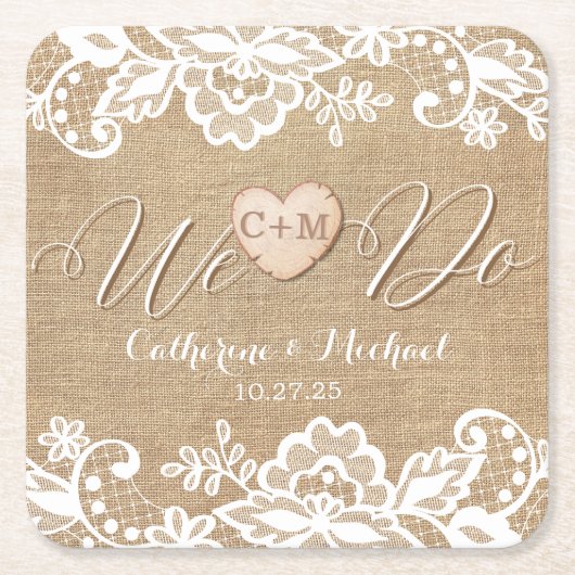 Rustikale Hochzeit in Burlap und Lace Rechteckiger Pappuntersetzer (Vorderseite)