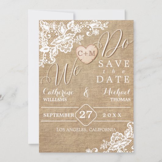 Rustikale Hochzeit in Burlap und Lace Save The Date (Vorderseite)