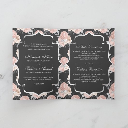 Rustikale Hochzeit in Grau und Rosa Rosen Einladung (Innenseite)