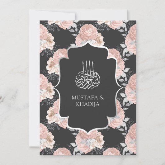 Rustikale Hochzeit in Grau und Rosa Rosen Einladung (Vorderseite)