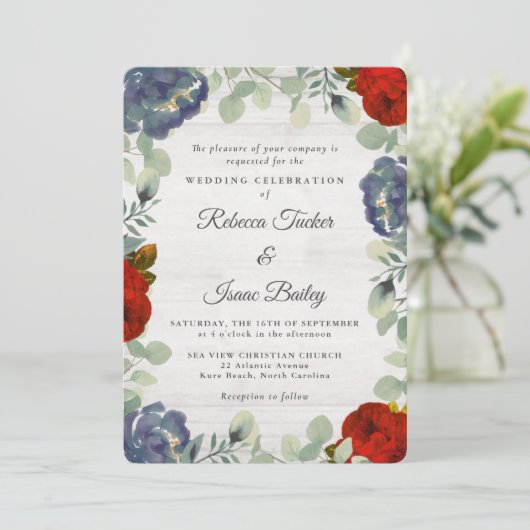 Rustikale Hochzeit in Grün, Rot und Blau Einladung (Stehend Vorderseite)