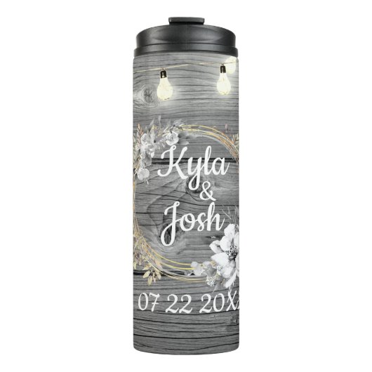 Rustikale Hochzeit in Stringbeleuchtung Thermosbecher (Vorderseite)