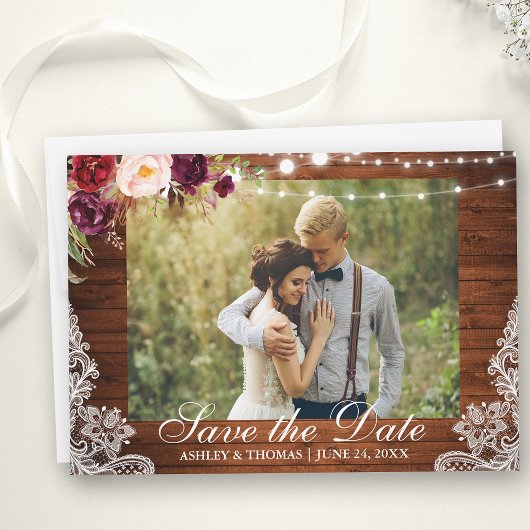 Rustikale Hochzeit Lace Burgundy Floral Save the D Save The Date