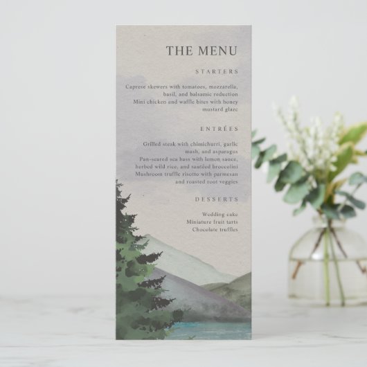 Rustikale Hochzeit & Lake Evergreen Menükarte (Stehend Vorderseite)