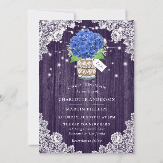 Rustikale Hochzeit Lila und Blue Hydrangea Einladung (Vorderseite)