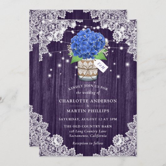 Rustikale Hochzeit Lila und Blue Hydrangea Einladung (Vorne/Hinten)