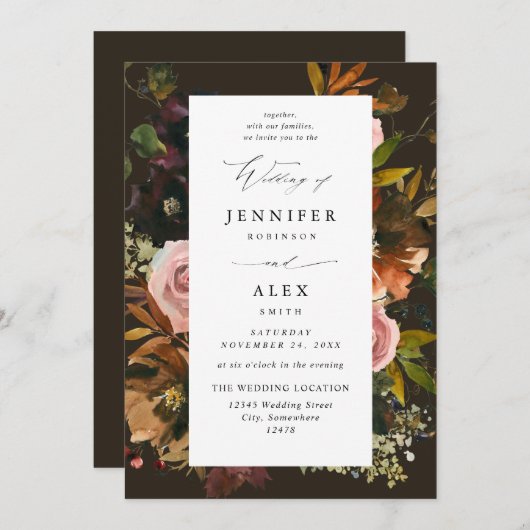 Rustikale Hochzeit, Lila und rosa, florale 4-braun Einladung (Vorne/Hinten)