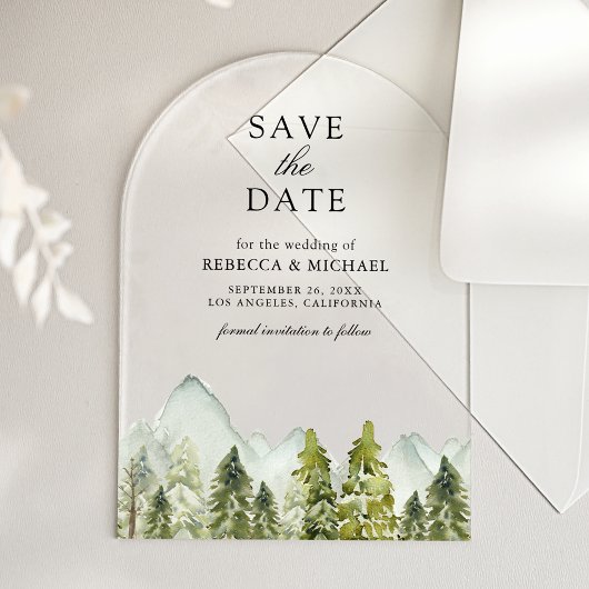 Rustikale Hochzeit mit Bergkiefern - Save-the-Date Acryleinladungen