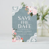 Rustikale Hochzeit mit blauem Burlap Lace und Blum Save The Date (Stehend Vorderseite)