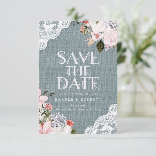 Rustikale Hochzeit mit blauem Burlap Lace und Blum Save The Date (Stehend Vorderseite)