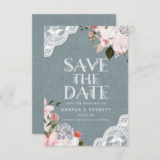 Rustikale Hochzeit mit blauem Burlap Lace und Blum Save The Date (Vorne/Hinten)