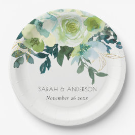 Rustikale Hochzeit mit blauem grünem Blumengestein Pappteller