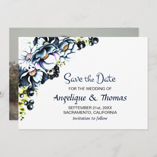Rustikale Hochzeit mit blauer Flora Save The Date (Vorne/Hinten)