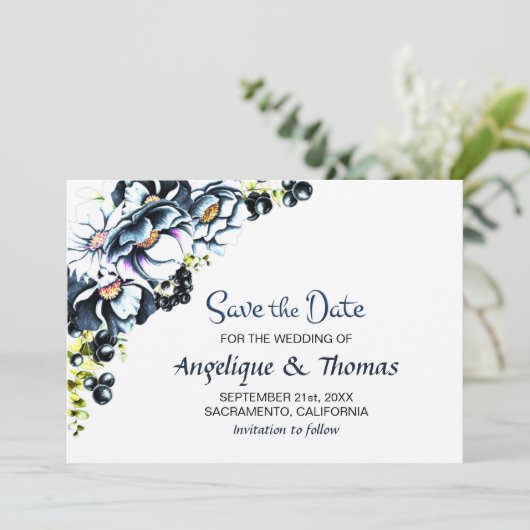 Rustikale Hochzeit mit blauer Flora Save The Date (Stehend Vorderseite)