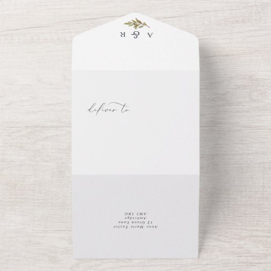 Rustikale Hochzeit mit botanischem Olivenöl All In One Einladung (Außenbereich)