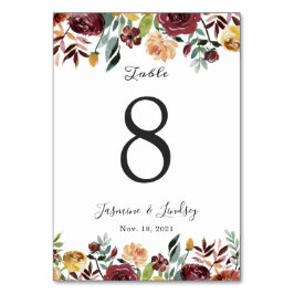 Rustikale Hochzeit mit Burgunder Orange Wasserfarb Tischnummer