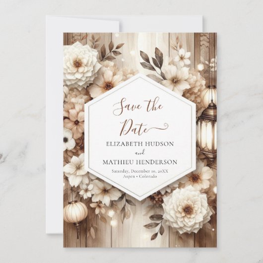 Rustikale Hochzeit mit digitaler Flora Save The Date (Vorderseite)