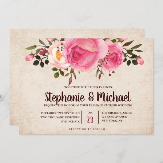 Rustikale Hochzeit mit Flora Einladung (Vorne/Hinten)