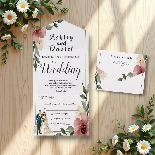 Rustikale Hochzeit mit floralen Wasserfarben All In One Einladung