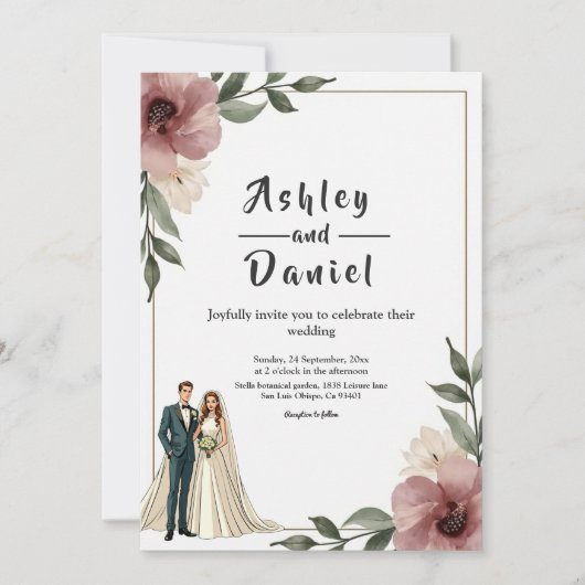 Rustikale Hochzeit mit floralen Wasserfarben Einladung (Vorderseite)