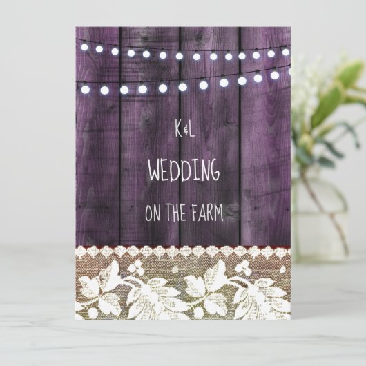 rustikale Hochzeit mit Holz , Spitzen , Saitenleuc Einladung (Stehend Vorderseite)