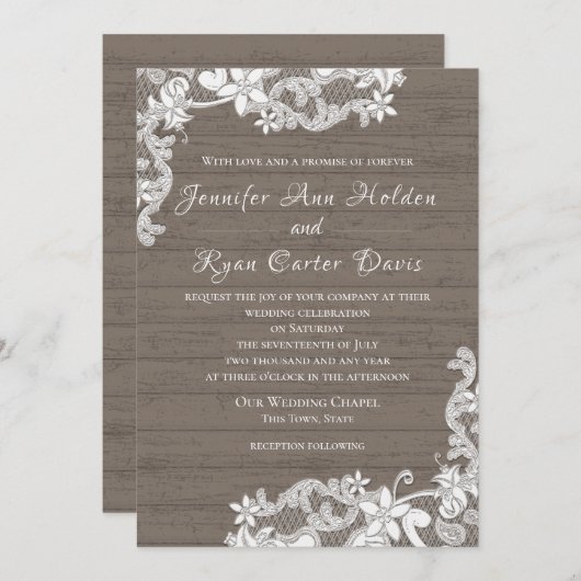 Rustikale Hochzeit mit Holz und Spitzen Einladung (Vorne/Hinten)