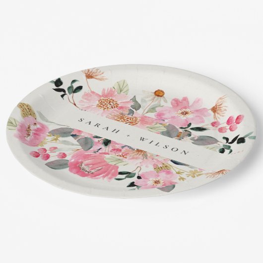 Rustikale Hochzeit mit lebendigem Rosa Wasserfarbe Pappteller (Schrägansicht)