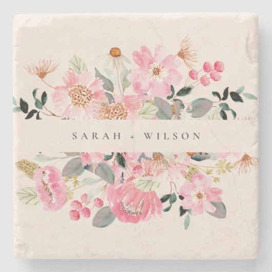 Rustikale Hochzeit mit lebendigem Rosa Wasserfarbe Steinuntersetzer (Vorderseite)