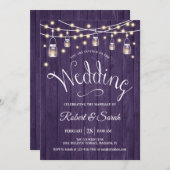 Rustikale Hochzeit mit Lila Holz und Lichtern Einladung (Vorne/Hinten)