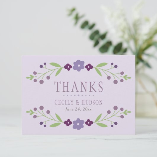 Rustikale Hochzeit mit Lila und grüner Blüte Dankeskarte (Stehend Vorderseite)