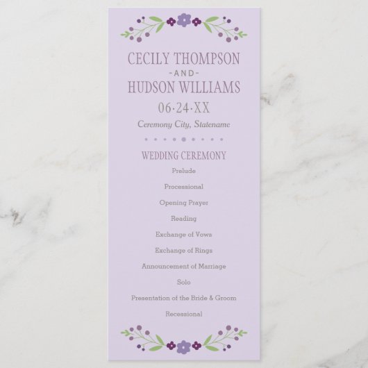 Rustikale Hochzeit mit Lila und grüner Blüte Programm (Vorderseite)