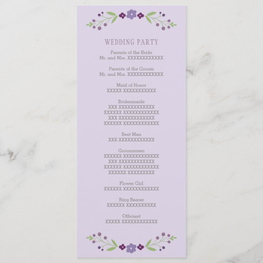 Rustikale Hochzeit mit Lila und grüner Blüte Programm (Rückseite)