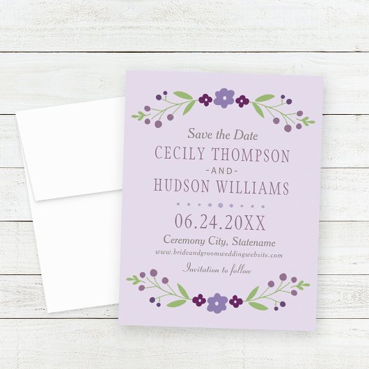 Rustikale Hochzeit mit Lila und grüner Blüte Save The Date