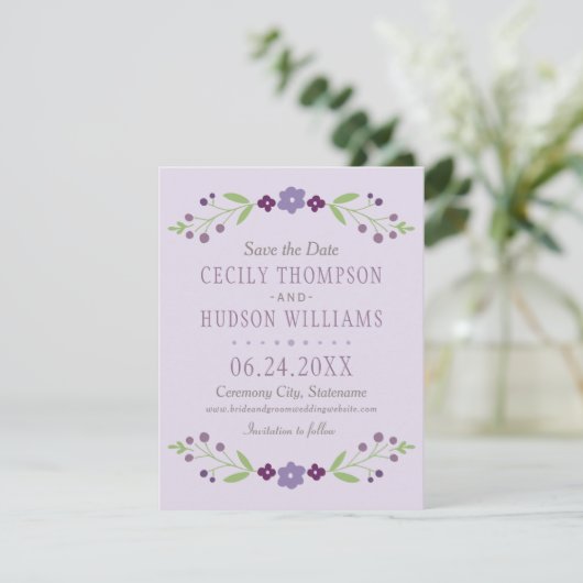 Rustikale Hochzeit mit Lila und grüner Blüte Save The Date (Stehend Vorderseite)
