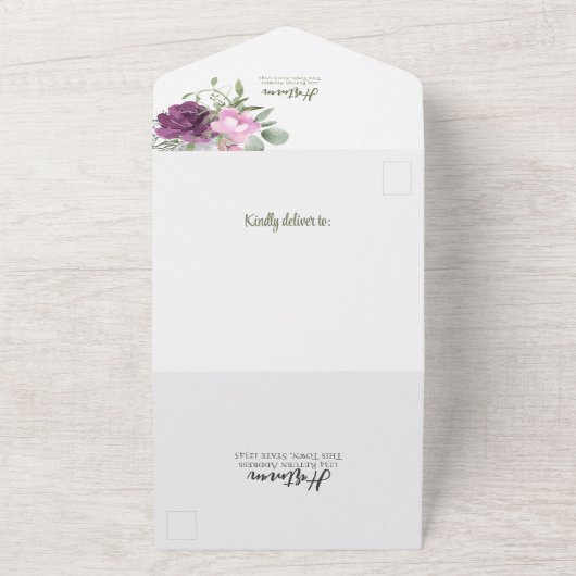 Rustikale Hochzeit mit lila und zarter Blüte All In One Einladung (Außenbereich)