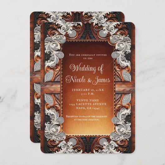 Rustikale Hochzeit mit mehrfarbigem Leder und Spit Einladung (Vorne/Hinten)
