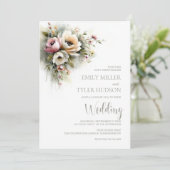 Rustikale Hochzeit mit rosa und orangefarbenen Blu Einladung (Stehend Vorderseite)