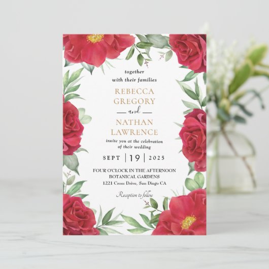 Rustikale Hochzeit mit rotem Blumen Einladung (Stehend Vorderseite)