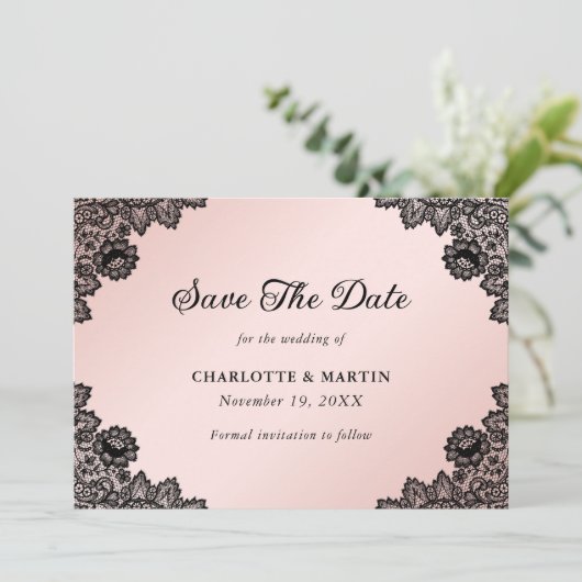 Rustikale Hochzeit mit schwarzem und blütendem Bra Save The Date (Stehend Vorderseite)